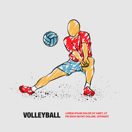Volleyball player plays volleyball. Vector outline of volleyball player with scribble doodles.のイラスト素材
