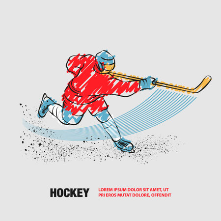 Hockey player shoots the puck with a hockey stick. Vector outline of hockey player with scribble doodles.のイラスト素材