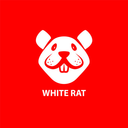 White Funny Rat Muzzle on a red background. Front View. Vector Linear Mouse Face as a Symbol of Chinese New Year.のイラスト素材
