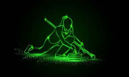 Curling winter sport. Girl holds curling stone. Side view vector green neon Curler athlete illustration.のイラスト素材