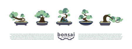 Bonsai trees and bonsai pots set. Vector Flat Icons with Bonsai Styles.のイラスト素材