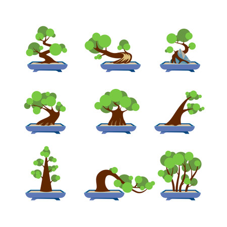 Vector Flat Bonsai Styles Set. Green bonsai trees icons on white background.のイラスト素材