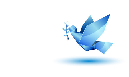 Blue origami flying dove with branch on white background with copy space place.のイラスト素材