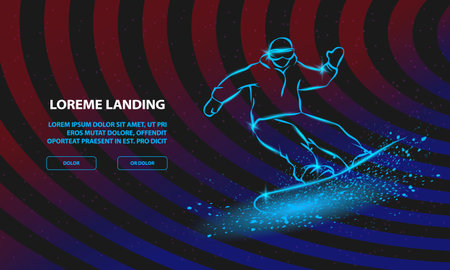 Neon Snowboarder fast riding and snow flash effect under his board. Vector Snowboarding Background for Landing Page Template.のイラスト素材