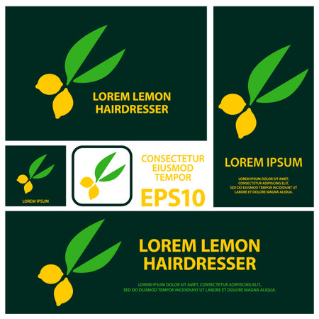 Scissors and lemon creative symbol on a black background. Banners set for the hairdresser corporate identity.のイラスト素材