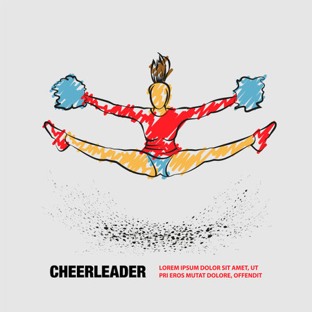 Cheerleader jumps and doing splits with pom poms. Vector outline of sport dance with scribble doodles style drawing.のイラスト素材