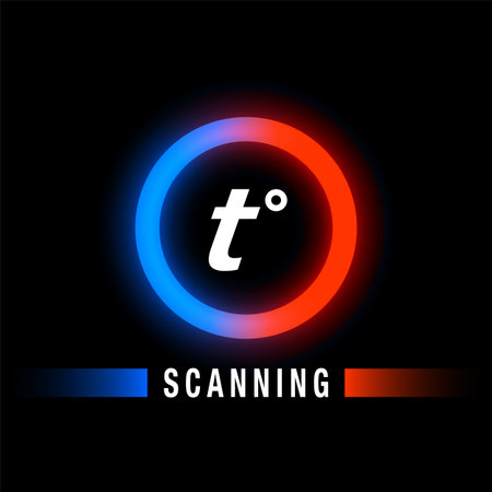 Red and blue neon circle on a black background. Glowing temperature icon with T letter and the Scanning titleのイラスト素材