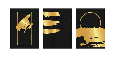 Abstract golden brush element with geometric lines on black backgrounds set. Luxury gold and black backgrounds for poster, folder, backdrop and bannersのイラスト素材