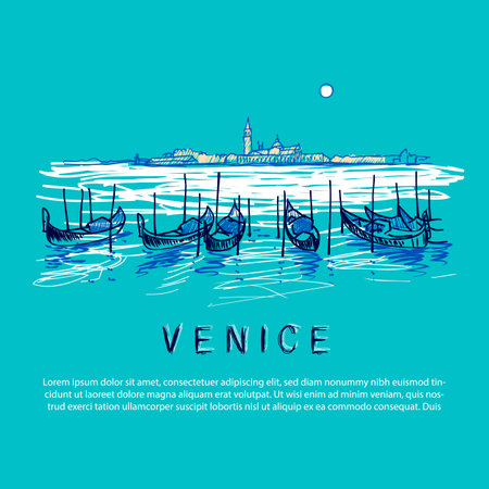 Gondolas in Venice banner. Hand drawn colored sketch illustration with moored gondolas view of San Giorgio Maggiore church in Venice, Italyのイラスト素材