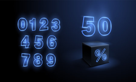 Black cube with blue neon glowing percent symbol and set of neon numbers for discount offer banner template.のイラスト素材