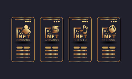 Golden NFT art category icon and smartphone app interface template. Vector flat icons of different types of NFT such as character, animation, 3D and musicのイラスト素材