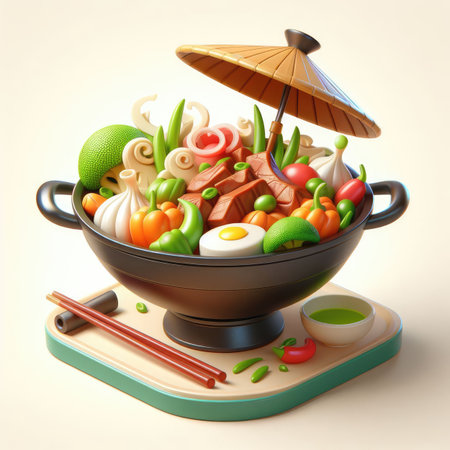 Asian wok with vegetables and meat. 3D cartoon illustration on a light background.の素材