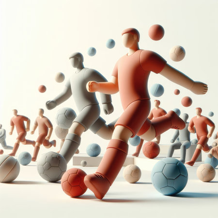 Soccer Abstraction: 3D Composition with a Giant Ball and Football Player Figures.の素材