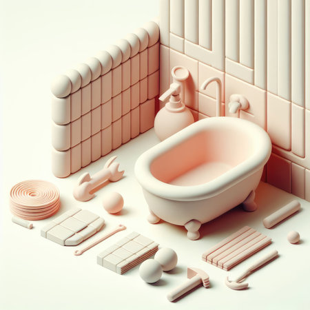 Bathroom Renovation. 3D Minimalist Illustration of a Stylish Bathroom Makeover.の素材