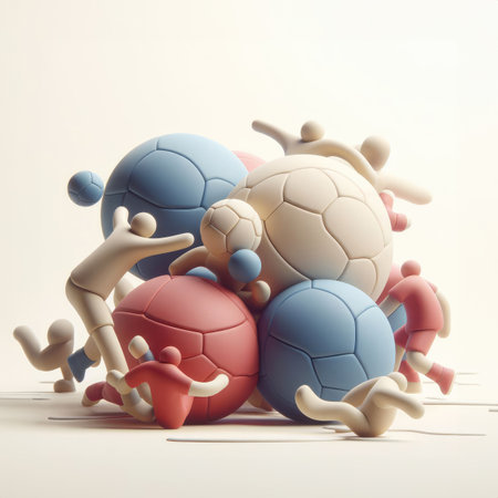 Soccer Abstraction: 3D Composition with a Giant Ball and Football Player Figures.の素材