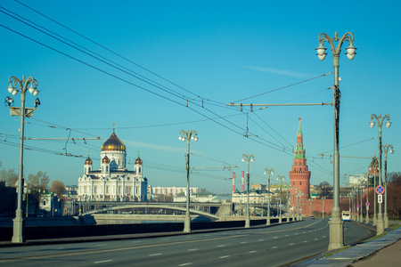Earlier in the morning in Moscow with a view of the Kremlin and the Cathedral of Christ the Saviorの写真素材