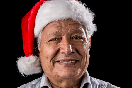 Aged gentleman, wearing a red and white Old Father Christmas hat, is smiling. Bright teeth are showing. Black background. Focus on eyes. Ample depth of field. Seasonal theme.の写真素材