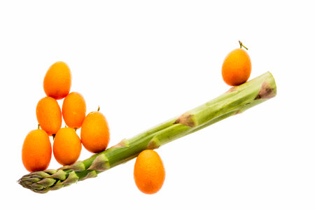 One single green asparagus spear and eight tangerine kumquats arranged to shape a seesaw. The see-saw is imbalanced. Vegetable and fruit isolated on white.の写真素材