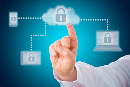 Raised index finger touching a locked cloud icon linked via dotted lines to mobile and tablet...