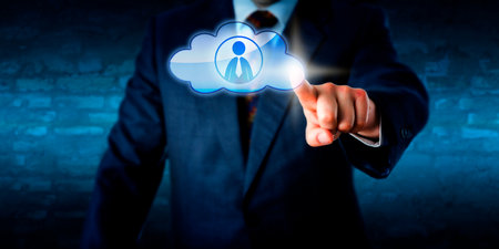Torso of a business man reaching out to contact a male peer in the cloud. Super wide format or doublepage spread. Selective focus. Blue brick wall in background with plenty of copy space. Composite.の写真素材