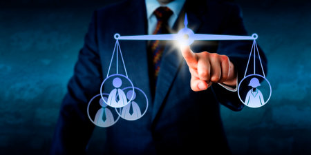 Torso of a business man equating one female knowledge worker with three male white collar employees. Metaphor for professional success ambition recruitment challenges gender issues and coaching.の写真素材