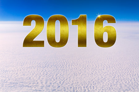 Golden textured number 2016 hovering in space high above a dense cloud front. Blue sky. Plenty of copy space. Simple, clean background illustration for happy new year 2016 greeting card or calendar.の写真素材