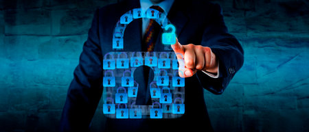 Torso of a manager opening a single virtual lock that is part of a formation of padlocks shaping one...