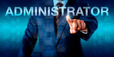 Executive pressing the keyword ADMINISTRATOR onscreen. Business concept and technology background for an administrative person with responsibilities for the reliable operation of computer systems. Executive pressing the keyword ADMINISTRATOR onscreen. Business concept and technology background for an administrative person with responsibilities for the reliable operation of computer systems.