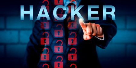 Security expert touching HACKER onscreen. Broken virtual lock icons in a hexagon matrix are lighting...