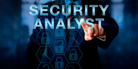 Corporate investigator is touching SECURITY ANALYST onscreen. Loupe icons stand for tools to detect...