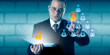 Human resources director is unlocking access to performance data of a female white collar worker.