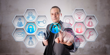 Happy information security professional is closing a lock to secure data via touch. Unprotected computer network remains red. Business concept for data security, computer security, crime prevention.の写真素材