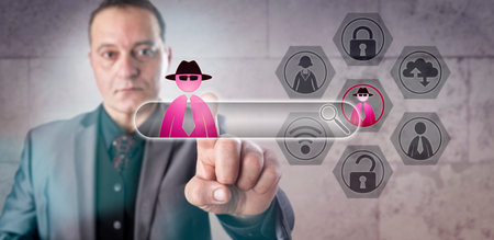 Financial services professional falling victim to a Man-in-the-Browser attack. Computer security concept involving internet fraud, hacking, social engineering, trojan horse and web security exploits.の写真素材