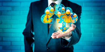 Unrecognizable business manager is reaching forward to offer a virtual managed cloud in the upward facing open palm of his left hand. Technology concept for managed services and cloud computing.の写真素材