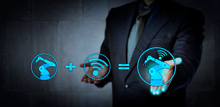 Blue chip consultant offering technology solution. A six axis industrial robot icon plus a wireless data exchange symbol do equate a cyber physical system. Concept for industry 4.0 and smart factory.の写真素材
