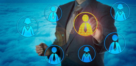 Unknowable hiring manager finding right employee in cyber space. HR concept for talent acquisition, digital interview, databased decision-making and artificial intelligence in recruitment technology.の写真素材