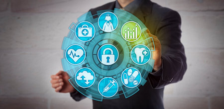 Faceless data analyst activating an analytics icon in a health care monitoring interface. Concept...