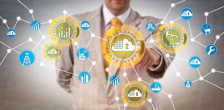 Unrecognizable corporate data operator is managing energy infrastructure via networked cloud container architecture. Information technology concept for microservices approach and containerization.の写真素材