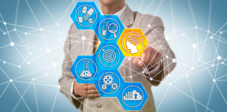 Unrecognizable male pharmaceutical enterprise executive is adding an AI-driven solution to the R&D process. Biopharmaceutical AI metaphor for artificial intelligence in early stage drug discovery.の写真素材