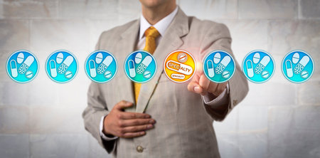 Unrecognizable pharma marketer selecting the only specialty drug icon in a line-up of non-specialty pharmaceuticals. Healthcare retail concept for medical products as treatment for special diseases.の写真素材