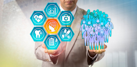 Unrecognizable healthcare administrator reviewing health outcomes of a human group via an AI application. Healthcare technology concept for the use of artificial intelligence in population health.の写真素材