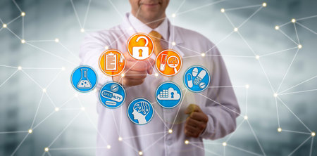 Unrecognizable pharmaceutical researcher is securely accessing data records on drug discovery via a...