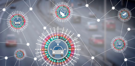 Driverless robotic cars connecting to artificial intelligence and mobile devices via IoT. Smart...