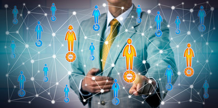 Businessman choosing male and female prospects with 100% potential in a professional network. Business and information technology concept for marketing, prospecting, performance review, HR, CRM, P2P.の写真素材