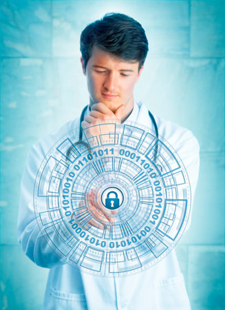 Young pensive medical doctor touching a virtual padlock in a virtual security mechanism. Information technology concept for cybersecurity, network security, protection of sensitive health care data.の写真素材