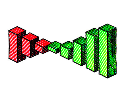 Freehand isometric pen drawing of bar chart depicting positive growth from red losses to green...