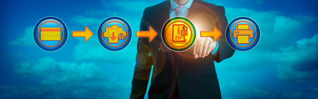 Unrecognizable business manager safely downloading a ZIP file document for print. Business and...