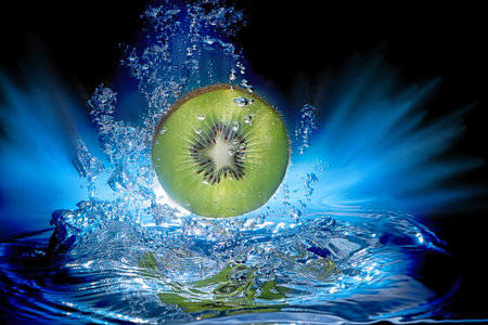 Kiwi Fruit Slice Underwater with Waves and Bubbles on Black Backgroundの写真素材