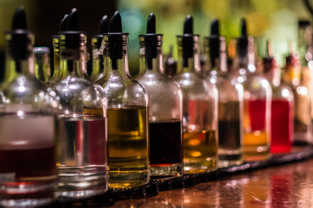 Bottles with syrups for mixing cocktails on bar counter. Alcohol drinks ingredients. Professional cocktail liquors. Horizontal image with selective focus.の写真素材
