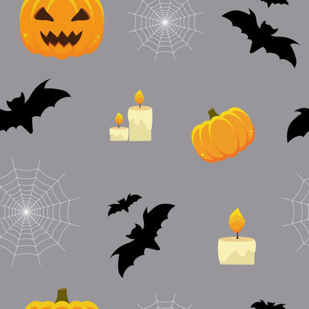 Halloween seamless pattern with pumpkins and bats. Colorful vector illustration good for prints, wrapping paper, fabrics, textile designs.のイラスト素材